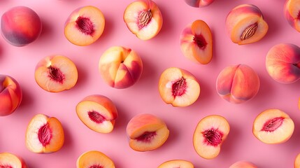 Wall Mural - Peach Slices and Whole Arranged in Fun Pattern on Bright Background for Appetizing Magazine Cover Photo