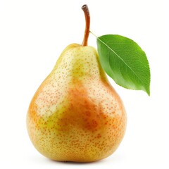 Ripe yellow pear with a red side on a white background. Juicy pear with green leaf for catalog