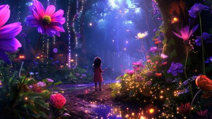 Wall Mural - Happy children walking at fantasy forest with glowing flower with magical moment surrounded with fantasy animal. Attractive girl walking at enchanted wild garden landscape. Abstract background. AIG42.