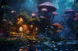 magical twilight forest with whimsical glowing  mushroom houses