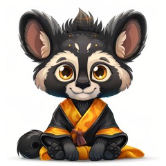 Wall Mural -   A charming raccoon in black-and-yellow attire sits on the ground, adorned with a yellow ribbon around its neck