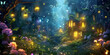 Enchanted Forest Scene with Glowing Lanterns and  Fairy Lights