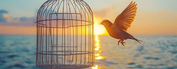 Bird flying out of cage, freedom concept, bird free from cage, bird in cage set free