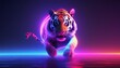 A wild tiger with black stripes leaps towards it. Neon lines.