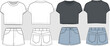 © gulsenbozkurt - women denim jean mini SHORT and oversize cropped t shirt SET VECTOR SKETCH. fashion flats. fashion illustration template. front and back cad mockup. apparel templates