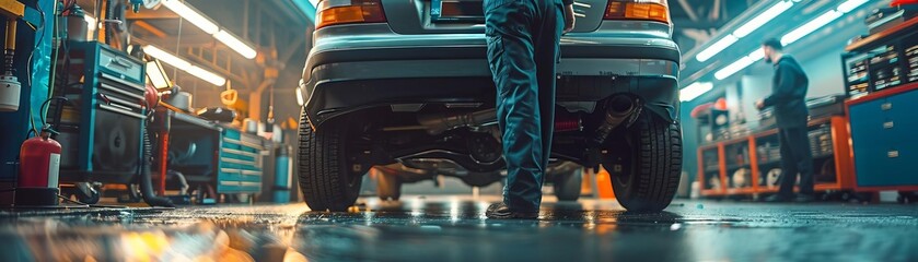 A car hoisted on a lift in a busy garage, with a technician underneath inspecting the undercarriage for damage, showcasing a thorough automotive repair process