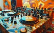 The DJ booth features a turntable with vinyl records spinning, while a laptop sits nearby displaying waveform patterns on its screen.