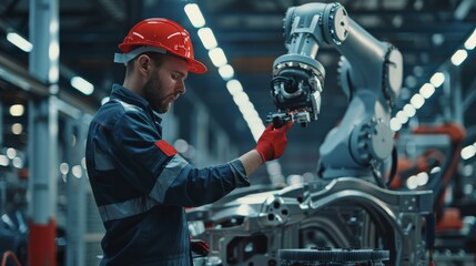 Canvas Print - A male worker with a red badge programming a large industrial robot in an automotive assembly line