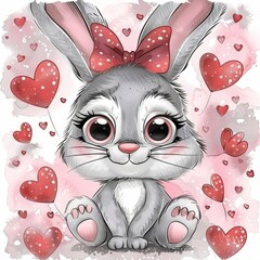 Wall Mural -   A rabbit drawing with hearts around its neck and eyes, seated before a pink backdrop