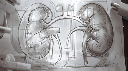 Guardians of Health: Sketch the human kidneys, the silent heroes filtering waste and regulating fluid balance in the body.