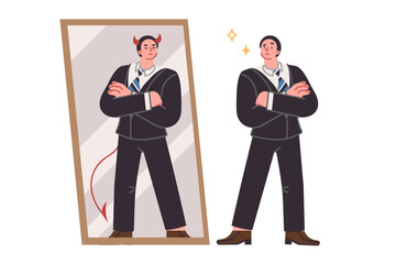 Business man seeing devil in reflection in mirror, for concept duplicity and hypocritical behavior