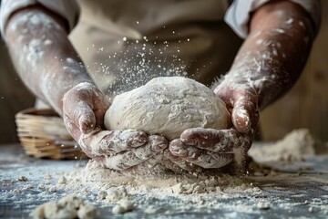 Wall Mural - closeup of skilled bakers hands dusted with flour kneading and shaping dough with care and precision in rustic bakery kitchen artisan baking concept photo