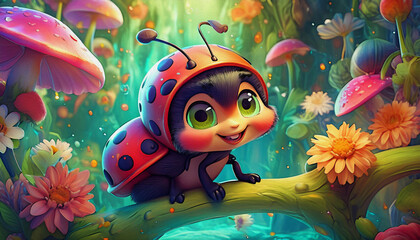 Wall Mural - oil painting style cartoon character a cute ladybug