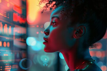 cybersecurity analyst side profile of black female developer detecting ai threats dark office digital art