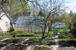 View of the greenhouse next to the cottage garden in early spring.