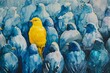 embracing authenticity courageous yellow bird standing out among conforming blue flock watercolor painting
