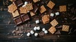 A wooden table featuring a tempting display of food ingredients like chocolate, marshmallows, and crackers, perfect for making delicious indoor smores AIG50