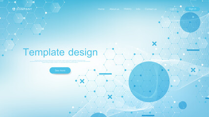 Aufkleber - Scientific landing page template design. Horizontal health care header web banner. Abstract background with hexagons. Innovation pattern. Vector illustration.