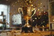 gold trophy cup amidst celebration confetti and glitter success and achievement in office setting