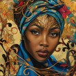 An oil painting of a young African woman wearing a blue headscarf with golden patterns
