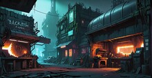 Dystopian Cyberpunk Gothic Sci-fi Blacksmith Forge Shop In Futuristic City. Overgrowth On Shop Building Exterior At Night.