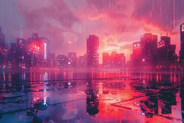 A digital cityscape melts and distorts, transforming into a neon-drenched pixelated dreamscape.