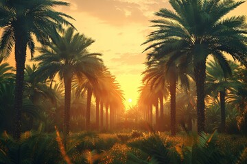 Realistic depiction of cinematic sunset over expansive date palm forest