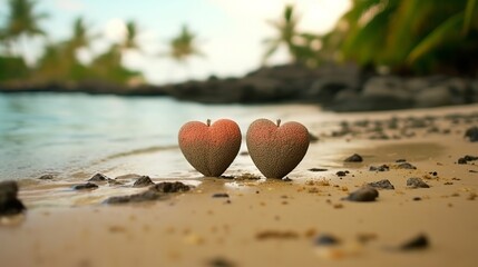 Wall Mural - Two hearts on the beach. Love and Valentine's day concept.