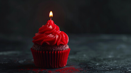 Wall Mural - Aesthetic red cupcake with candle, dark background, copy space. Celebration anniversary concept. Generative AI