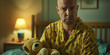 Man with pouting face in pajamas in a children's room holding a teddy bear, suggesting he is immature and lives with parents