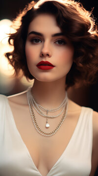cropped photo of beautiful woman wearing pearl necklace