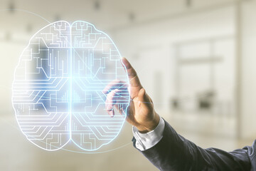Wall Mural - man hand clicks on virtual creative artificial intelligence hologram with human brain sketch on blur