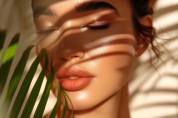 Close-up portrait of young woman peering through tropical foliage. Sunlight creates natural play of light, shadows across face, highlighting striking features, serene expression. Beauty, tranquility