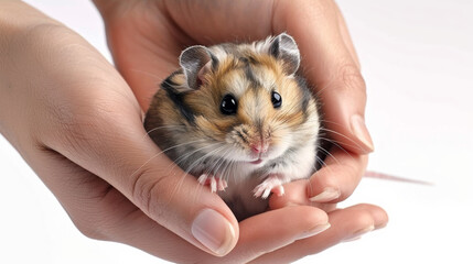 close up of two hands holding a hamster, realistic style, white background, focusing on the interaction and the pet