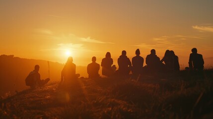 A silhouette of a diverse group of people watching the sunset on a hill, showcasing unity and peace