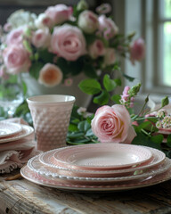 Wall Mural - pink table setting with flowers 