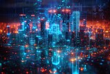 Fototapeta Tęcza - Urban nightscape: A holographic cityscape materializes in the night, pulsating with a neon blue glow.