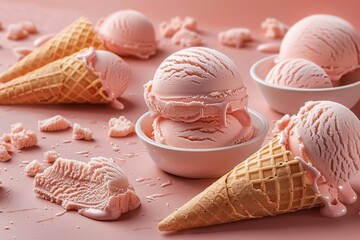  Pink ice cream scoop and waffle cones placed on table in studio 
