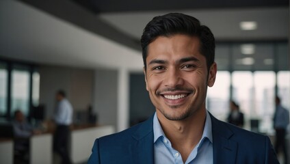 Smiling elegant confident young professional Latino hispanic business man , male proud leader, smart Latin businessman lawyer or company manager executive looking at camera standing in office