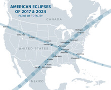 Great American Eclipses, Paths Of Totality, Political Map. Total Solar Eclipses Of August 21, 2017, And April 8, 2024. With Major Cities In The Paths Of Totality, That Cross Each Other Over Illinois.