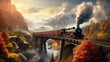 Old steam train on arched bridge in mountain