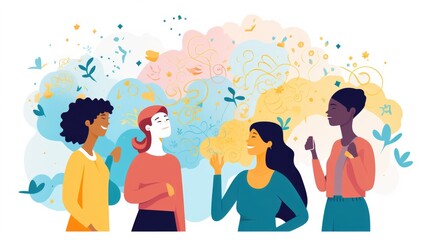 Wall Mural - Positive affirmations cartoon illustration - Generative AI. People, woman, man, smiling, colorful.