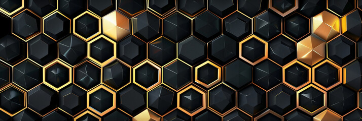 Wall Mural - Black and gold dynamic hexagon background, Panorama
