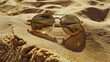 A fashionable pair of sunglasses made of transparent material sits atop a pile of sand on a beach, providing vision care and protection from the bright sunlight AIG50