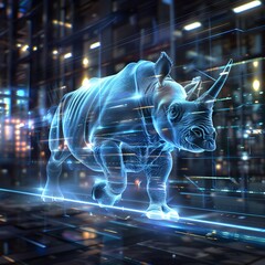 Wall Mural - A rhino is walking through a city with bright lights and a futuristic feel. The rhino is the main focus of the image, and the cityscape serves as a backdrop. Concept of wonder and excitement