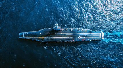 Sticker - Aerial view of a large aircraft carrier moving through deep blue ocean waters, with several jets on deck.