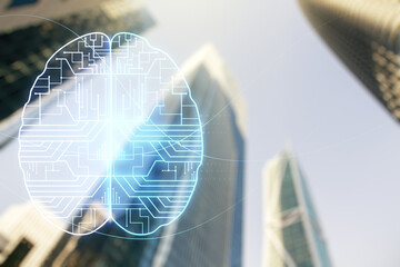 Wall Mural - virtual creative artificial intelligence hologram with human brain sketch on office buildings backgr