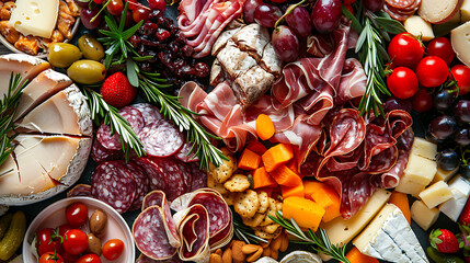  charcuterie, photo of meat platter with cheese,  grape,  nuts, olives, pickles and rosemary branches