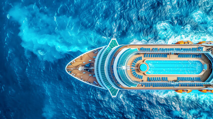 Wall Mural - Aerial view of a large cruise ship with a pool on the deck sailing through teal ocean waters.