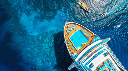 Wall Mural - Aerial view of a luxury cruise ship's top deck with a swimming pool surrounded by turquoise sea waters.